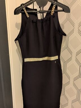 Rinascimento Black Midi Dress with Gold Chain Straps Made in Italy
